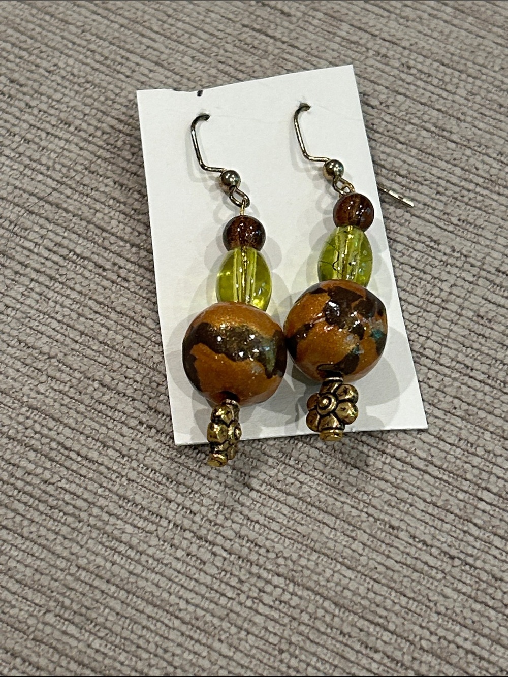 Handcrafted Green and Brown Glass Bead Dangle Earrings